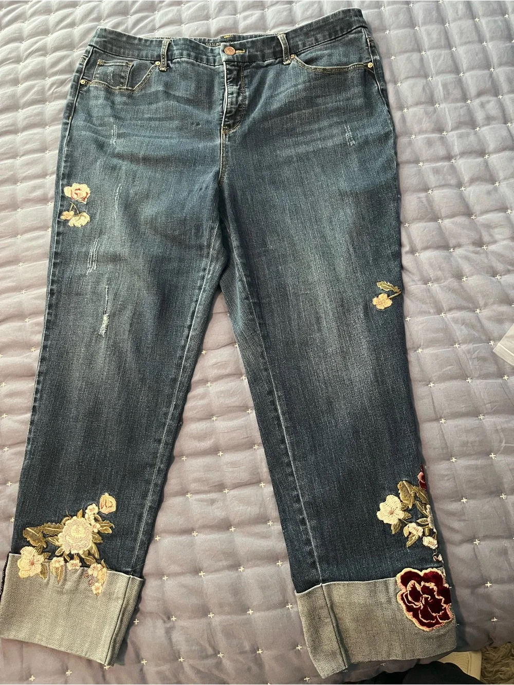 Chico’s So Slimming Dark Wash Ankle Jeans with Floral Embroidery